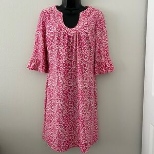 Jude Connally Nancy Shift Dress Size M Ruffle Sleeve Pink White Geometric Print